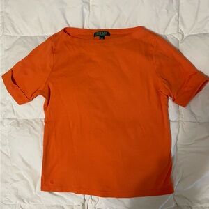 Women’s Ralph Lauren Cuffed Sleeve Orange Tee with Embroidered Detail